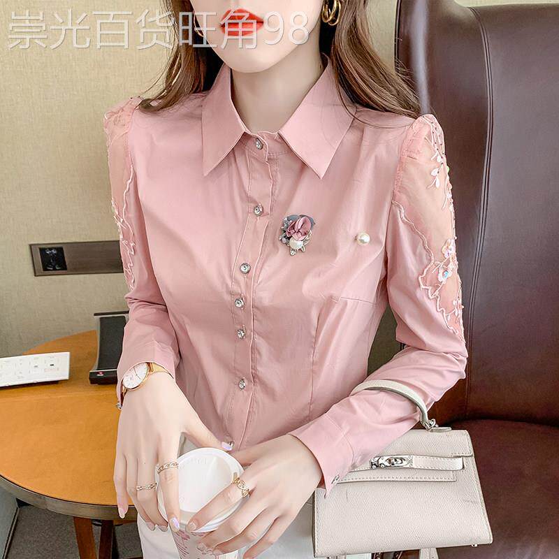 香港TIMO春季女刺绣衬衣洋气花边拼接上衣镂空设计感纯色长袖小衫