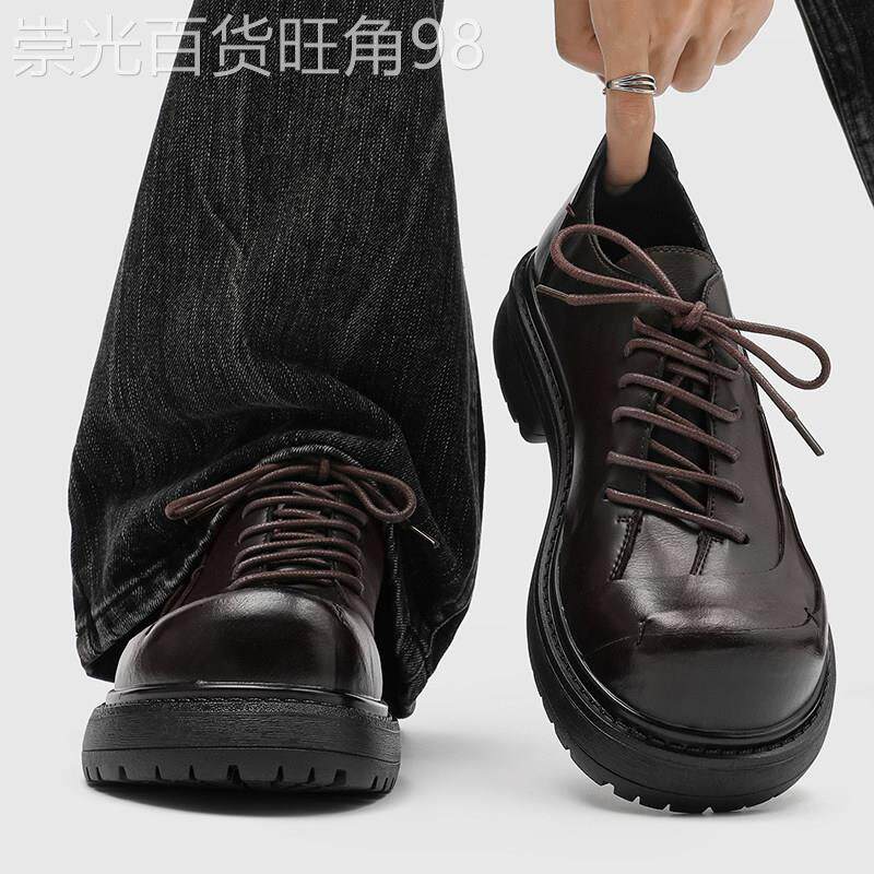 【高品质】棕色皮鞋男大头德比鞋厚底增高手工褶皱复古百搭乐福鞋