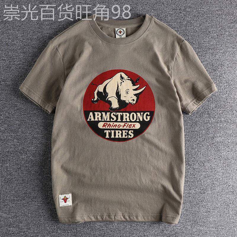 代购夏新款舒适短袖T恤男 犀牛图案复古印花百搭青年时尚休闲半袖