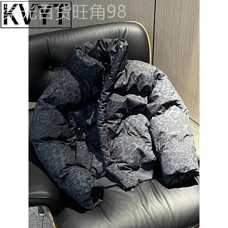 潮牌美式黑色豹纹羽绒棉服男款秋冬外套2026新款立领面包服男棉衣