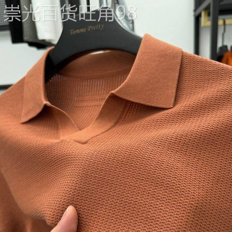 高端桑蚕丝短袖t恤男夏季薄款宽松纯色针织半袖简约休闲v领Polo衫