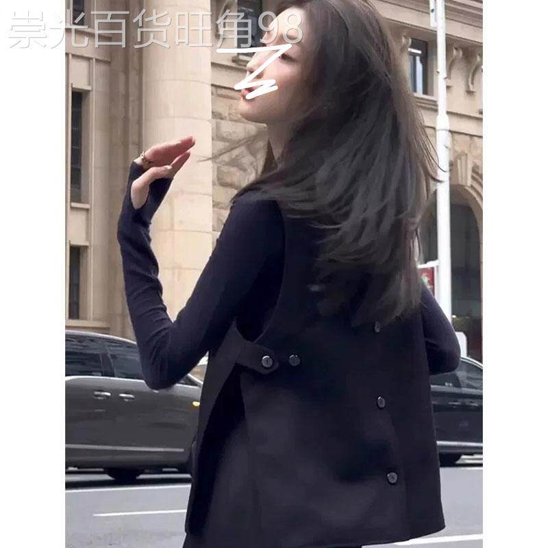 法式赫本黑色不规则套头西装马甲女秋季欧货别致漂亮坎肩叠穿上衣