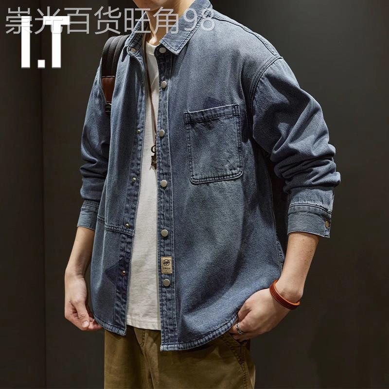 香港潮牌春秋季牛仔衬衫长袖男宽松灰色工装休闲衬衣大尺码复古外