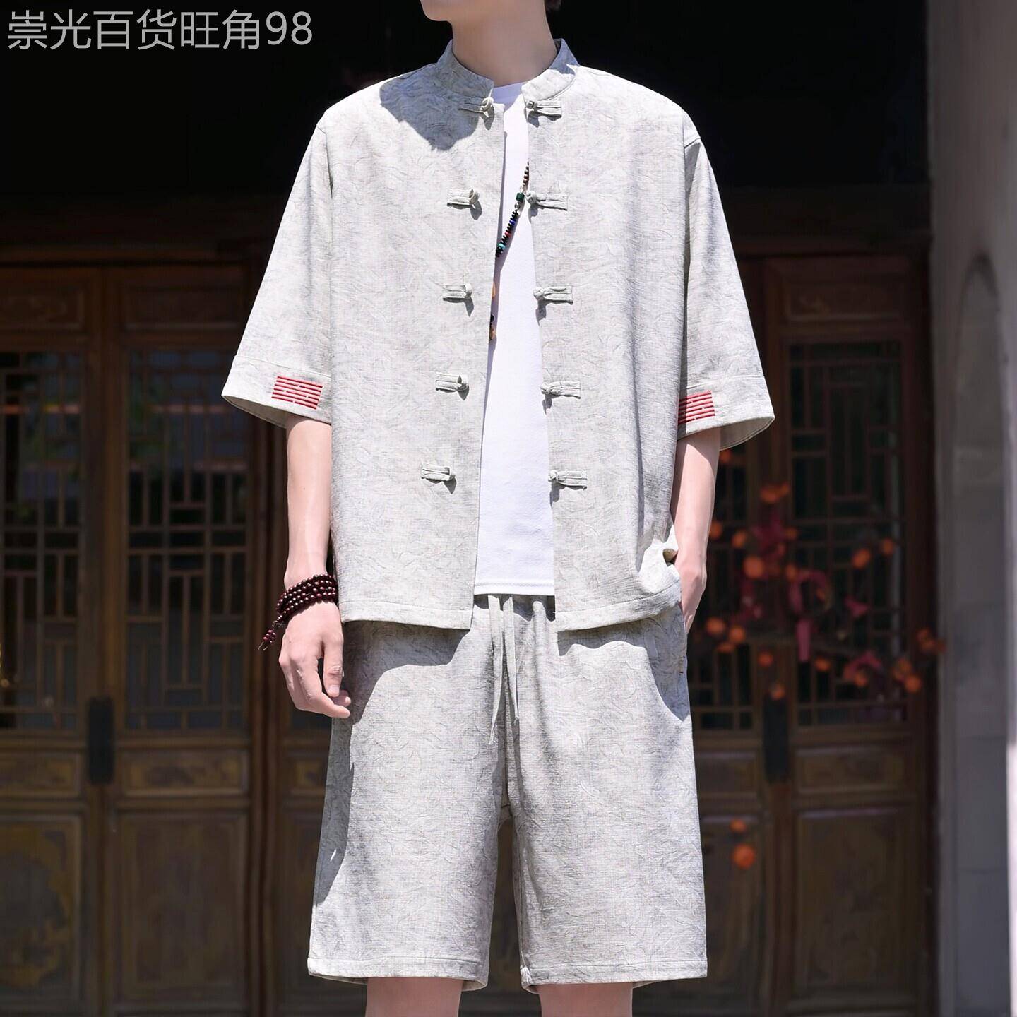 潮牌新中式短袖休闲风套装男士夏季盘扣唐装衬衫短裤子扎染两件套