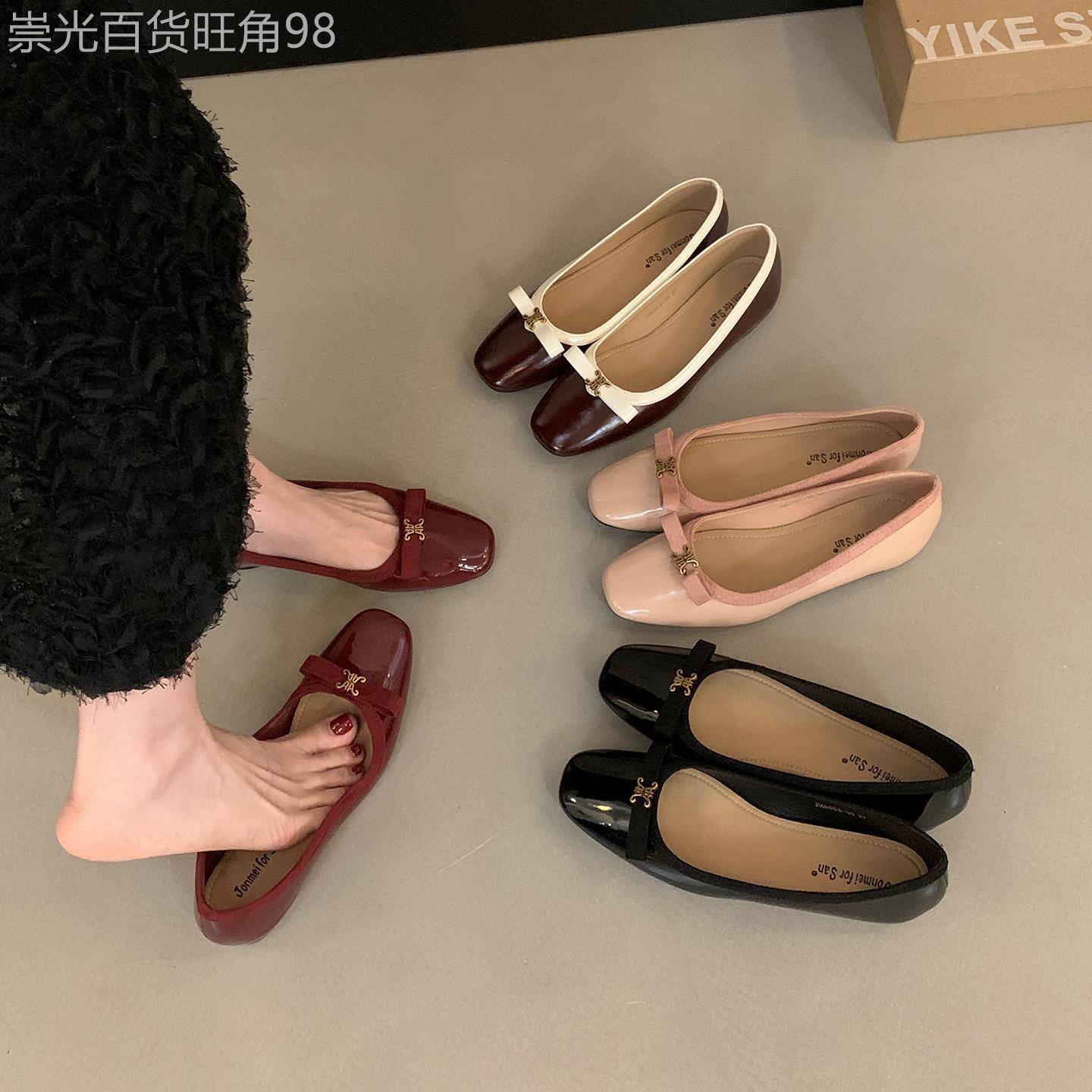 香港内增高浅口蝴蝶结包鞋女2025秋季新款配裙子一脚蹬平底瓢鞋子