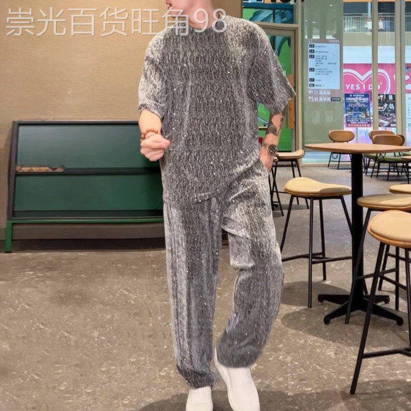 GP极简~休闲运动套装男士夏季搭配满天星烫钻短袖宽松裤子两件套