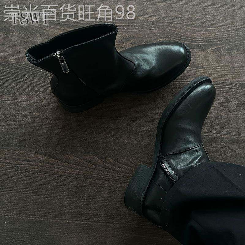 法国真皮褶皱切尔西靴男英伦风尖头拉链高级巫师靴厚底增高马丁靴