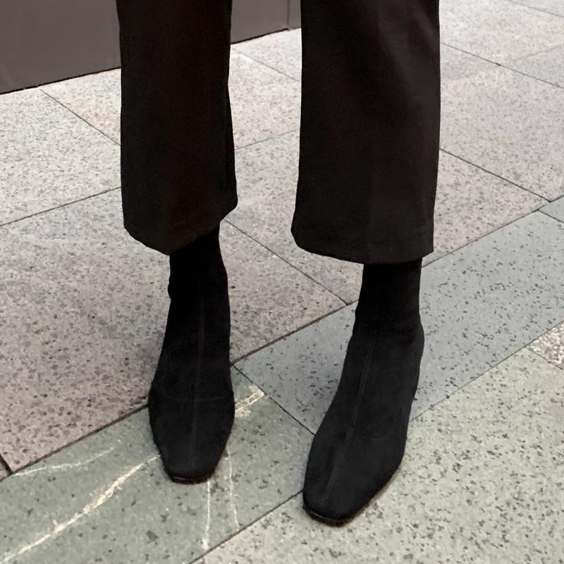 香港春秋季厚跟马丁短靴女真皮新方趾高跟裸靴麂皮弹力修身靴