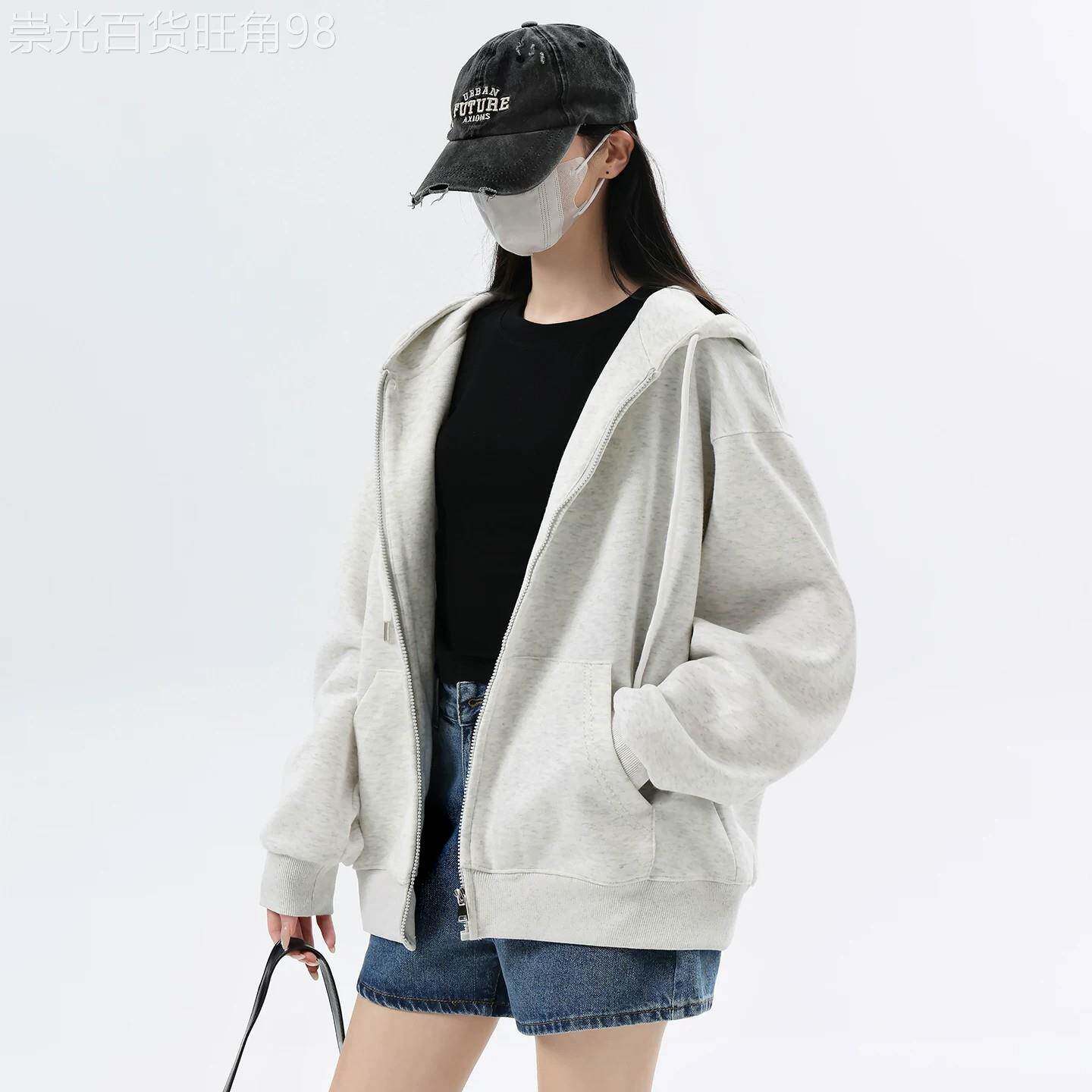 休闲外套女2026年秋季新款外搭开衫上衣宽松韩系拉链运动连帽卫衣