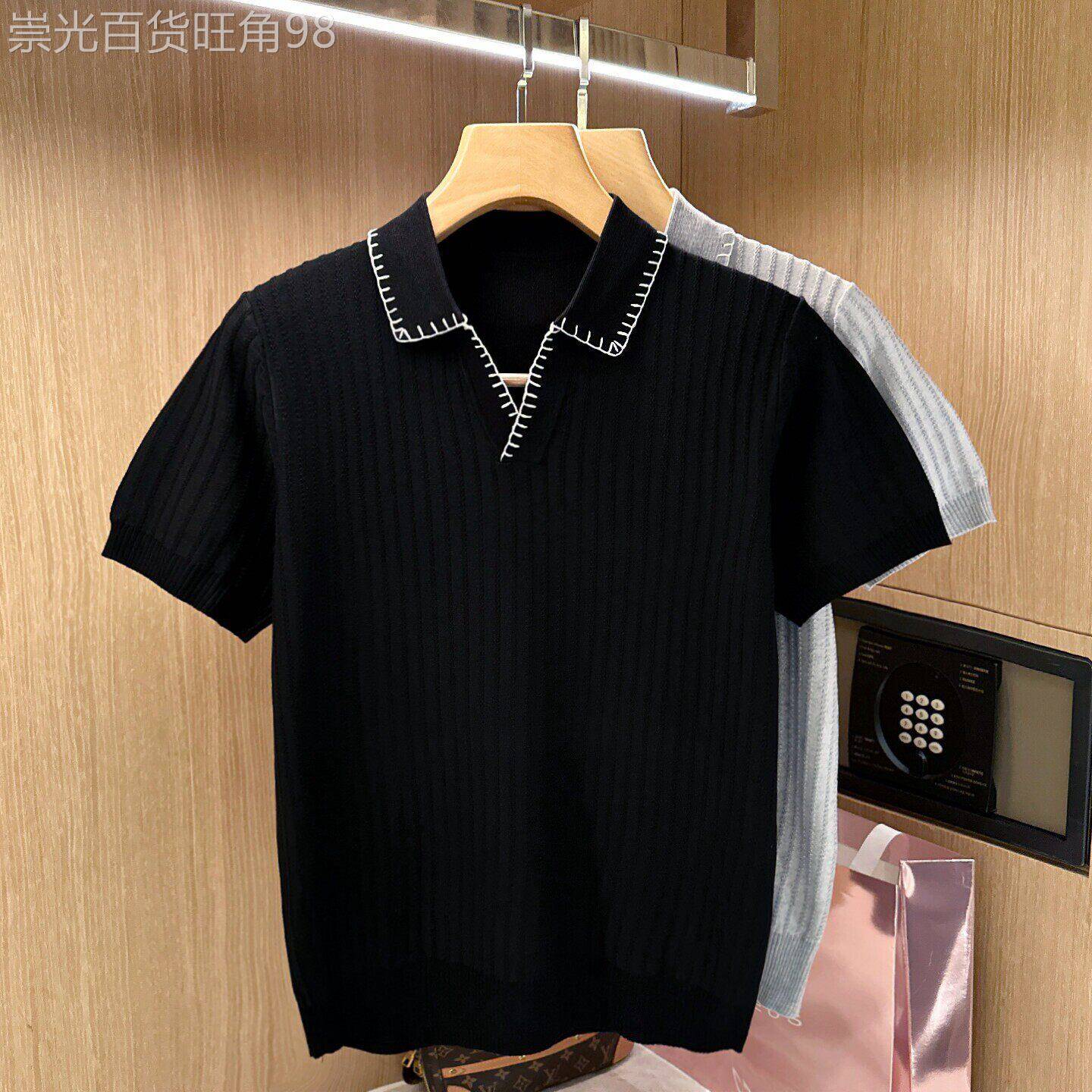 夏季时尚高端针织肌理男士短袖T恤高级痞帅穿绳衣领修身polo衫男