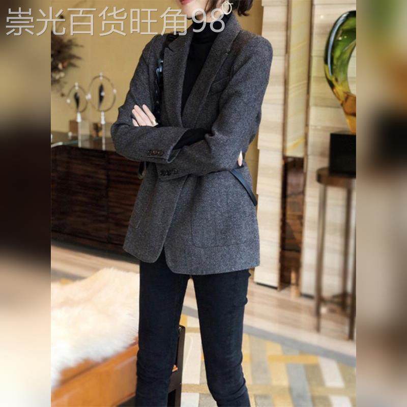 法式高级感人字纹小西服中长款2025秋季新款灰色毛呢小西装外套女