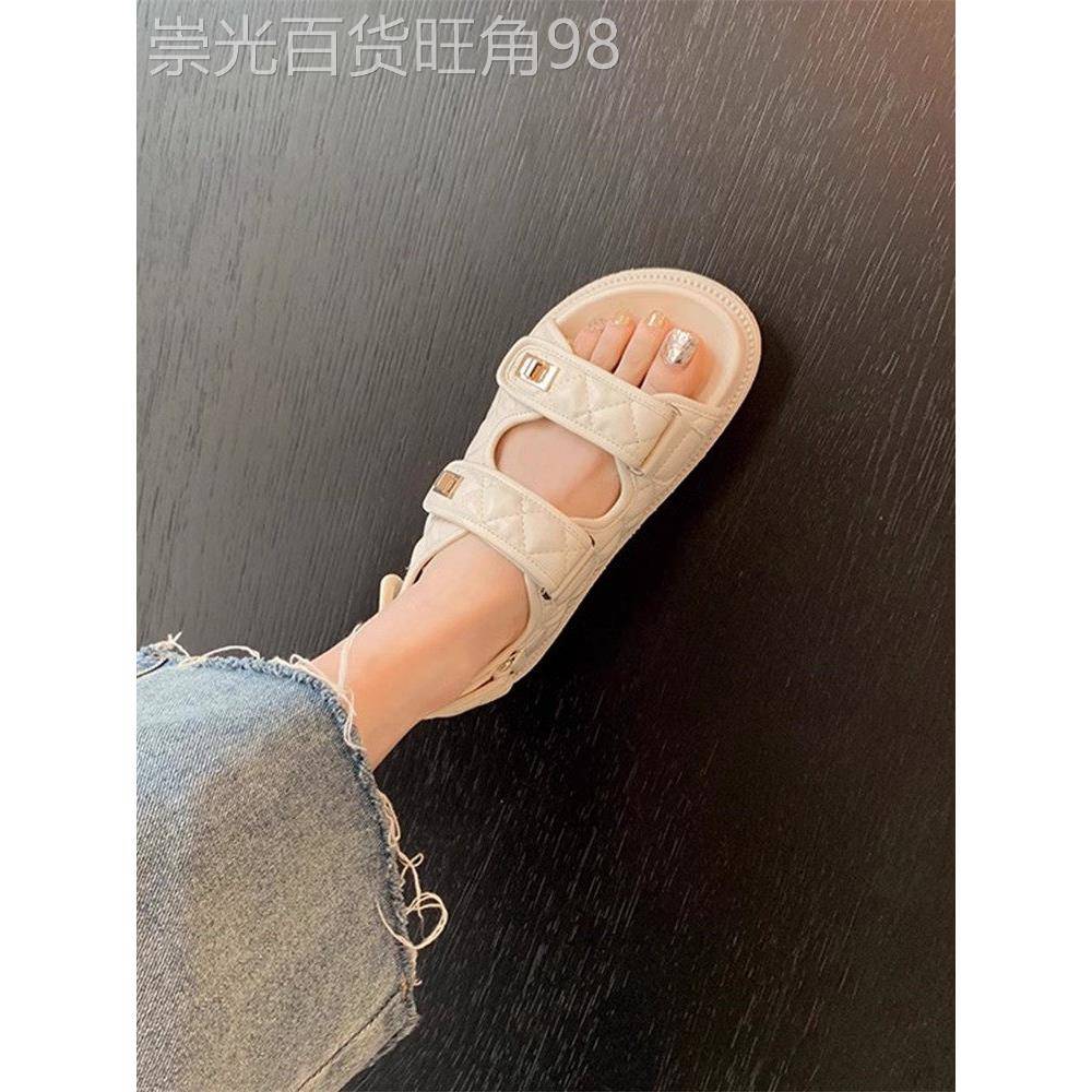 香港真皮小香风魔术贴厚底运动凉鞋女夏季百搭沙滩休闲罗马鞋凉拖