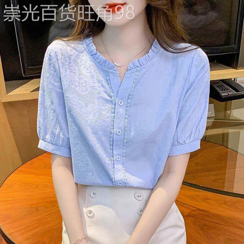 纯棉蓝色衬衫女士短袖夏季薄款2025年新款设计感小众短款衬衣上衣