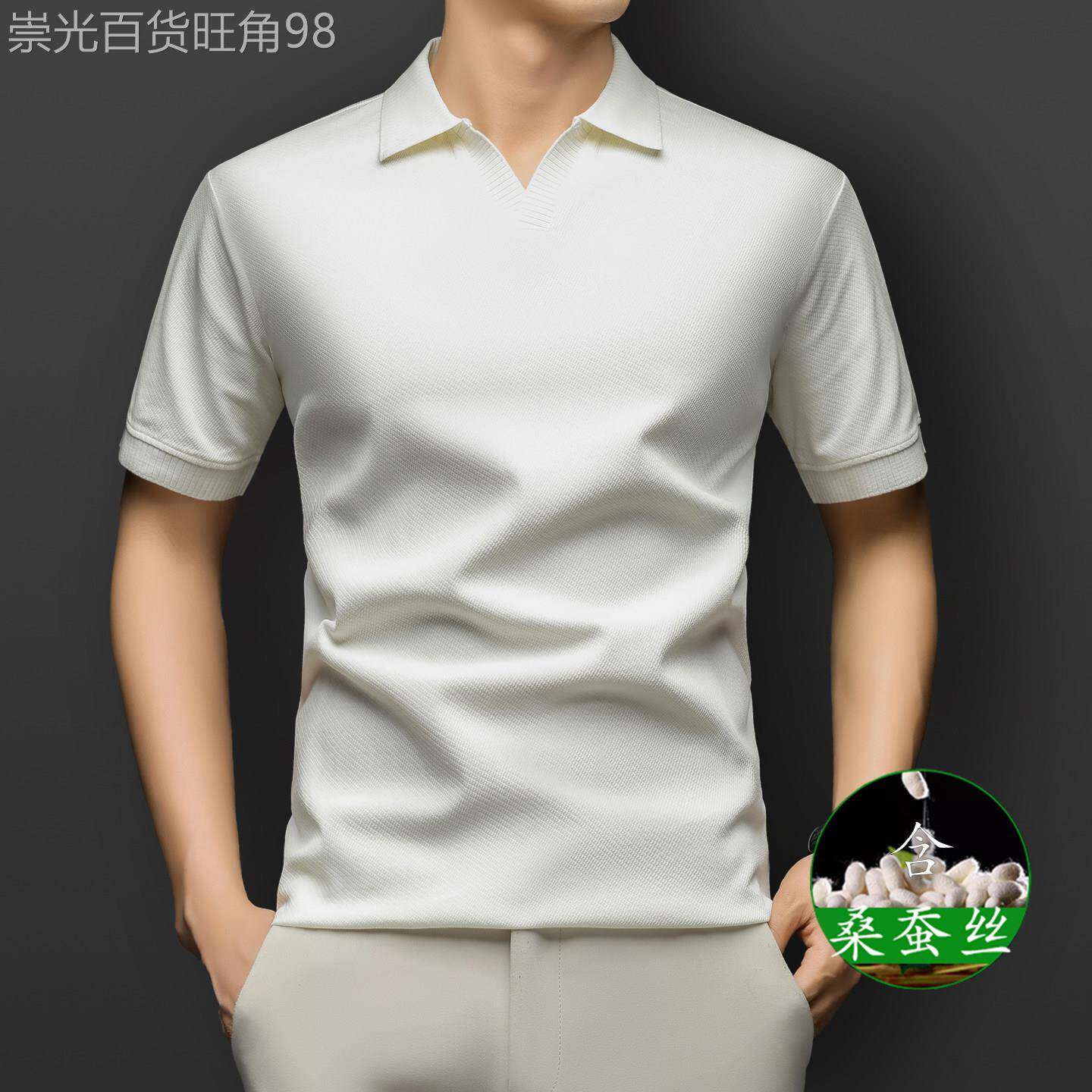 （含桑蚕丝）短袖男士夏季小V领小菠萝纹凉感透气翻领休闲纯色T恤