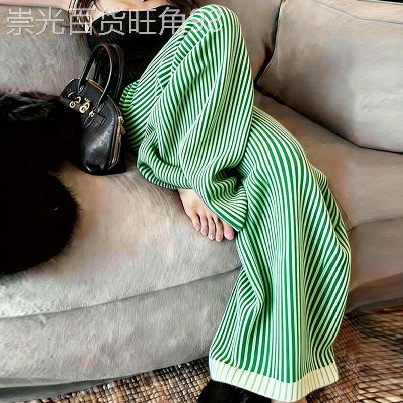 韩系绿色条纹休闲宽裤女2026春季新款宽松显瘦百搭高腰直筒裤子