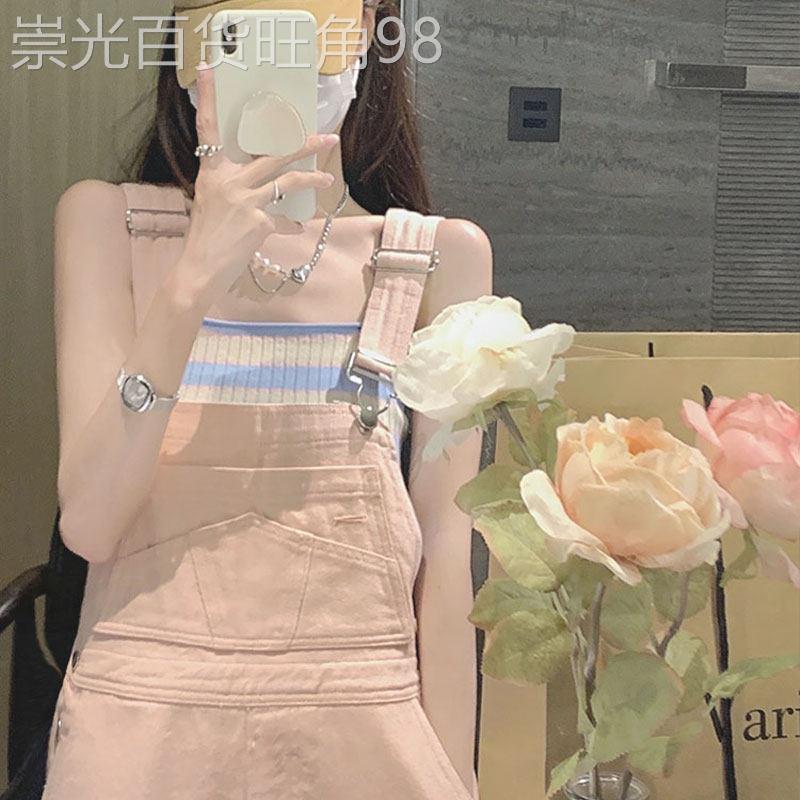 粉色牛仔背带裤女夏季薄款2026新款韩版宽松直筒裤减龄连体阔腿裤
