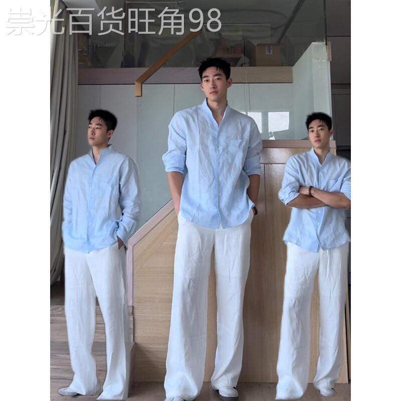 潮牌松弛感简约干净套装男士夏季高级感老钱风防晒衬衫裤子两件套
