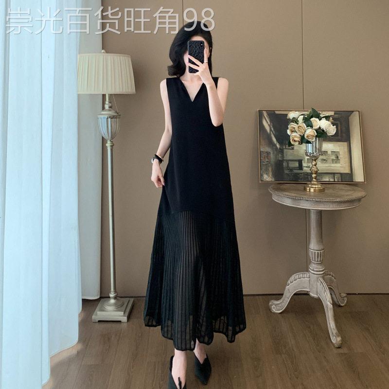 欧洲站黑色法式连衣裙女2026新款夏季气质V领背心鱼尾百褶长裙子
