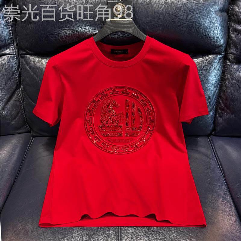 潮牌本命年时尚刺绣红色短袖男士马年新款丝光棉百搭休闲上衣T恤