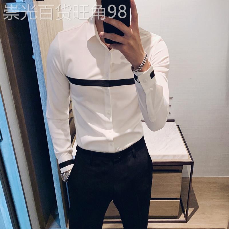 长袖衬衫男韩版潮流帅气修身时尚拼接商务休闲 条纹男士衬衫设计