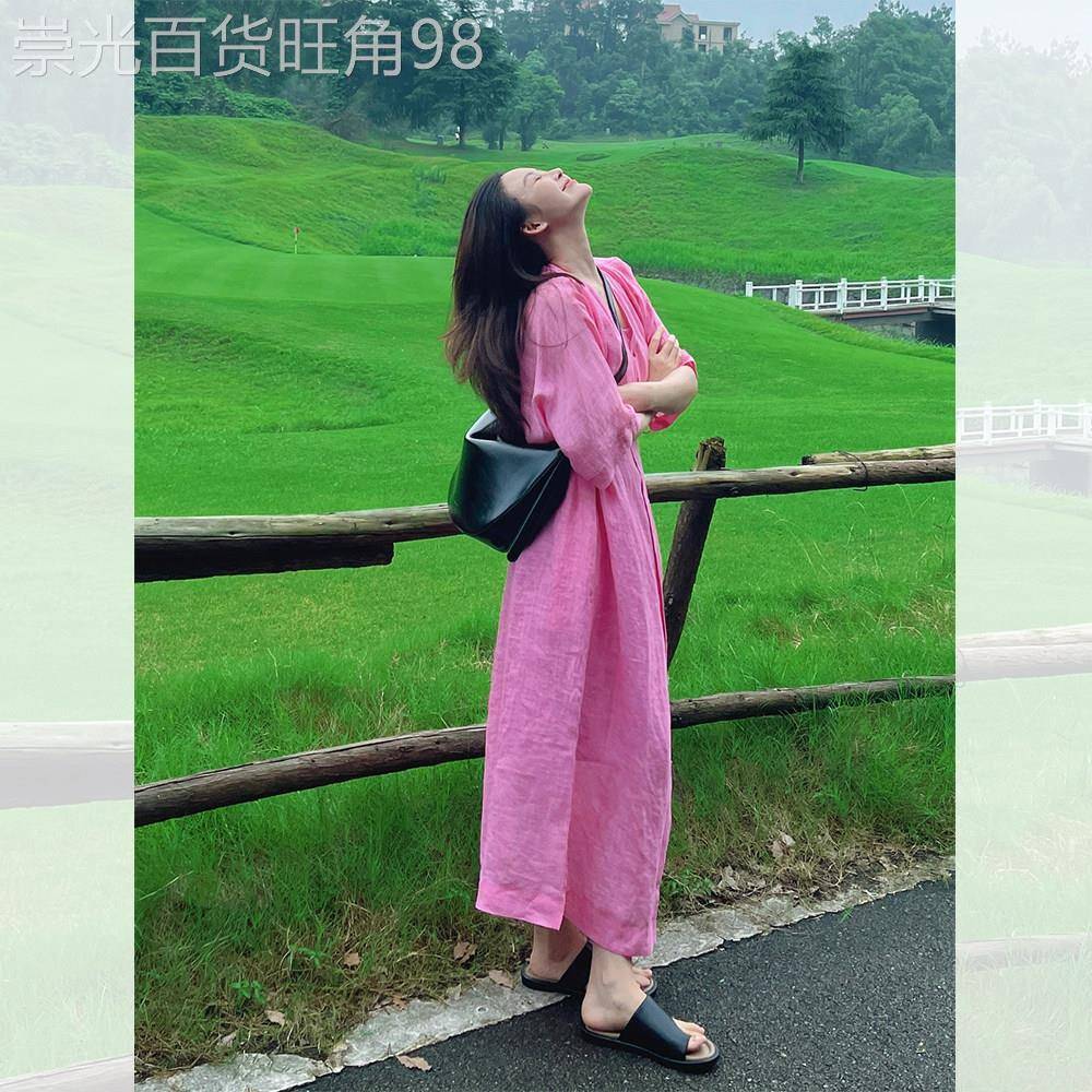 法式温柔风粉色衬衫连衣裙女夏季小众设计高级感超好看宽松长裙子