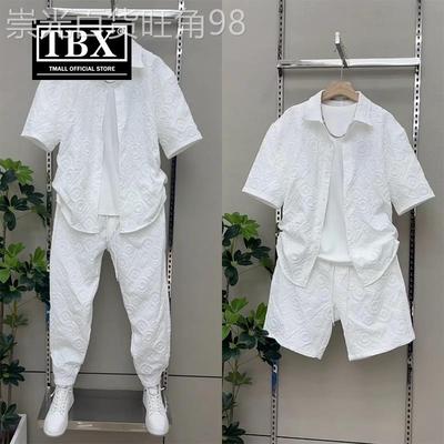 小香风短袖衬衫套装男士2025新款夏季薄款白色休闲 短裤男款两件