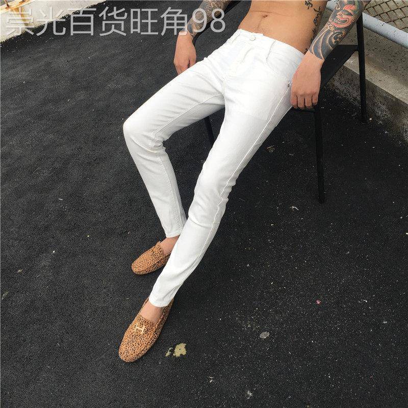香港精品牛仔裤男九分纯色修身小脚裤潮显瘦弹力黑色青春长裤子jz