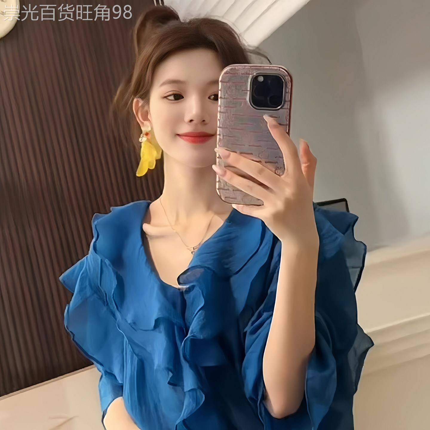 法式荷叶边蓝色雪纺衬衫女2026夏季新款设计感超好看独特漂亮上衣
