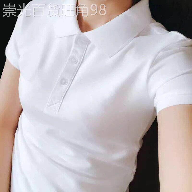 纯棉短袖T恤女夏季2025新款修身翻领polo衫女白色小熊打底上衣潮