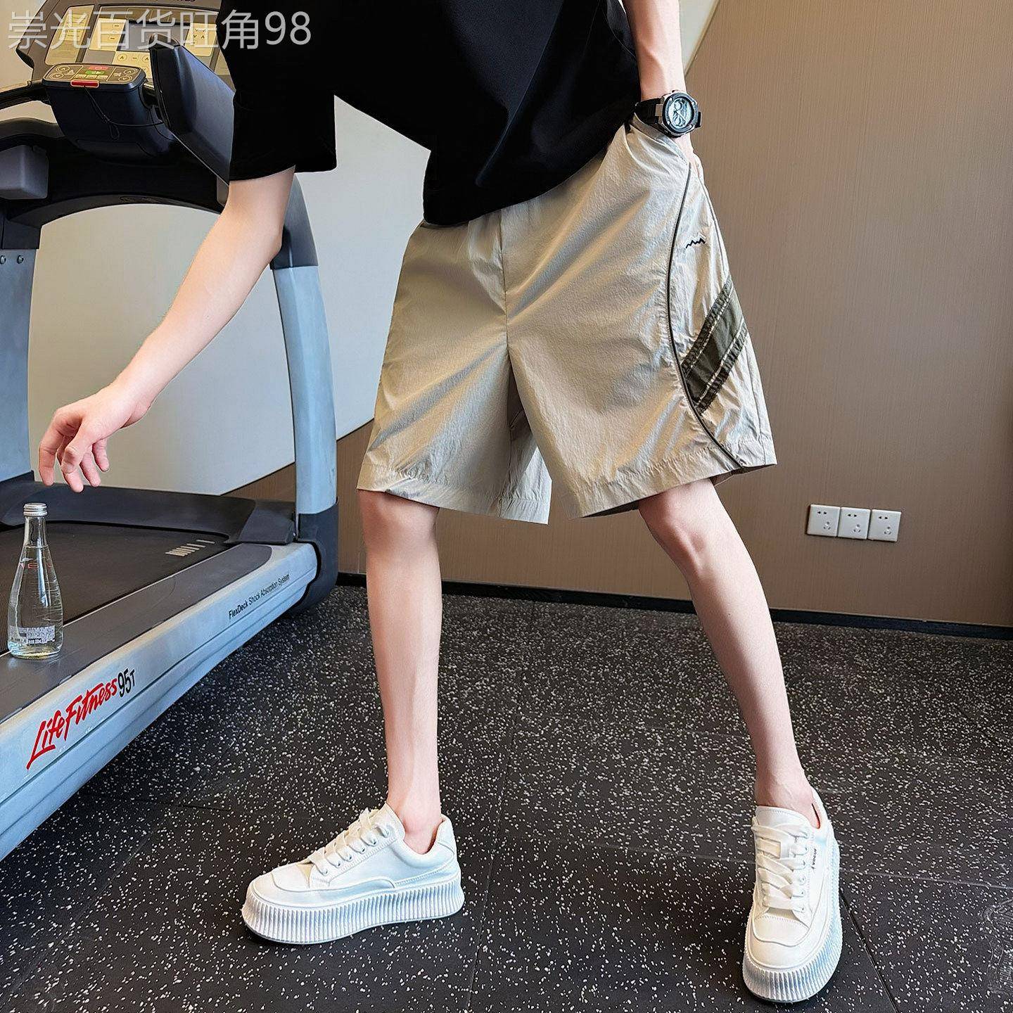 潮牌痞帅运动宽松直筒裤男士夏季速干短裤薄款拼接中腰裤子休闲裤