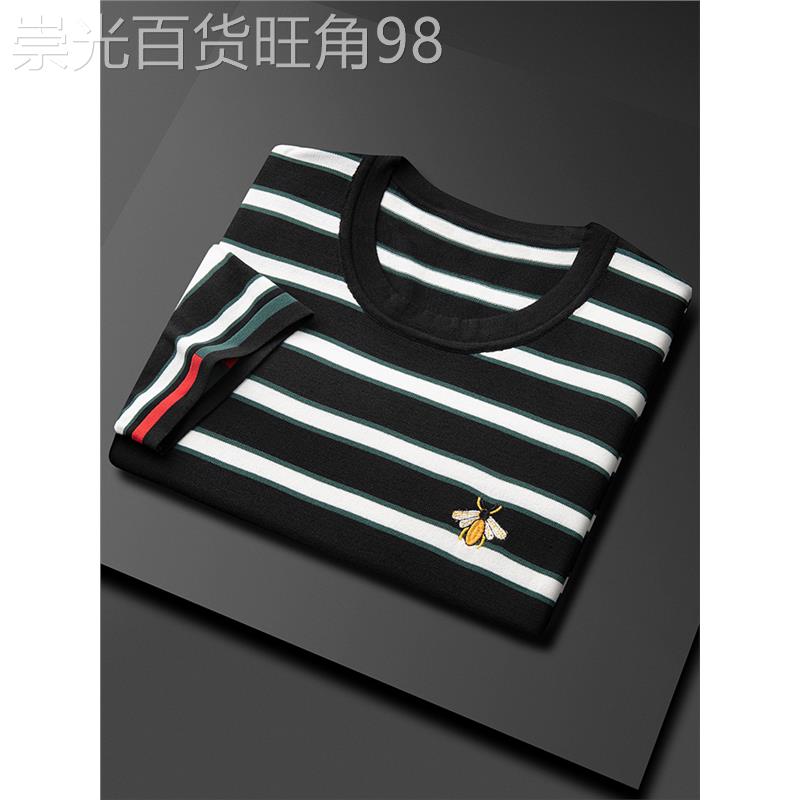 夏季潮牌小蜜蜂短袖t恤男黑白条纹潮流刺绣半袖T恤冰丝圆领上衣