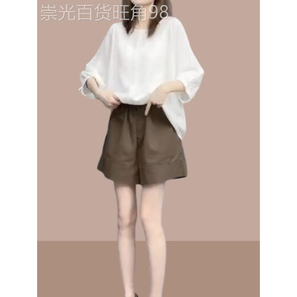 时尚套装女夏季薄款2026新款雪纺短袖衬衫上衣休闲阔腿短裤两件套