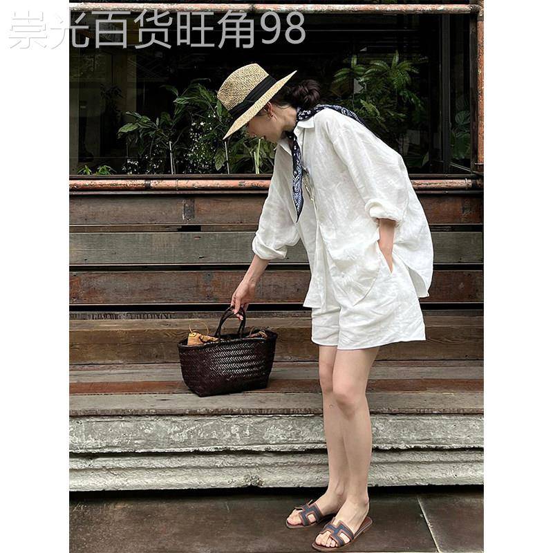 欧洲站休闲运动套装女2026新款夏季慵懒松弛棉麻衬衫短裤两件套潮