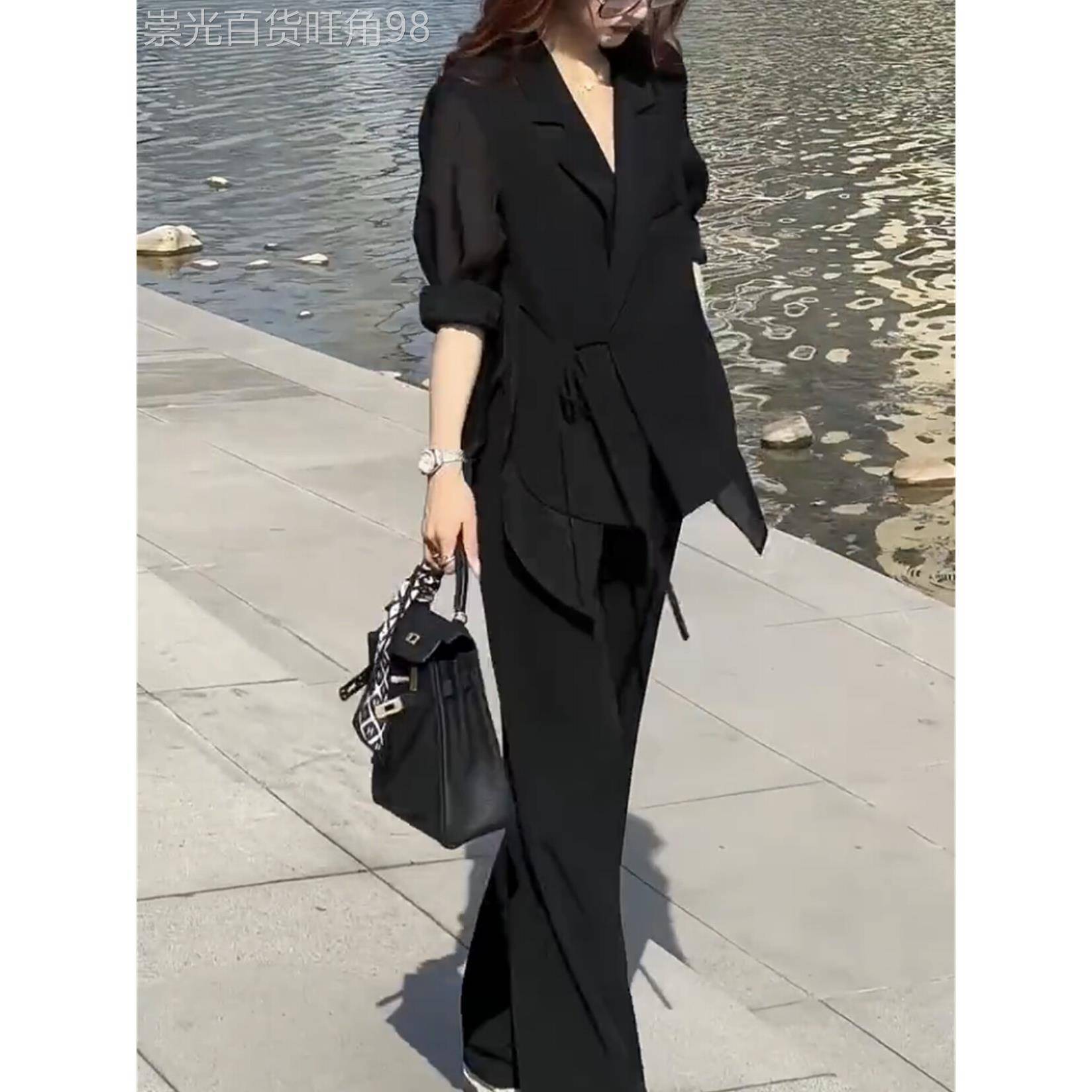 欧洲站夏季时尚西服套装韩版设计感拼接防晒西装外套阔腿裤两件套