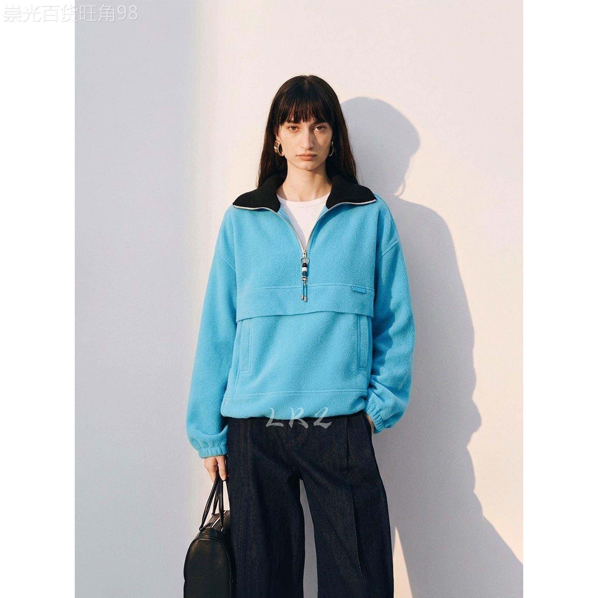 法式半开拉链拼色翻领湖蓝色卫衣女秋季新款时尚显瘦休闲长袖上衣