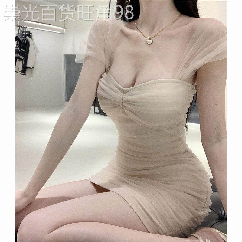 纯欲性感甜美辣妹一字肩胸垫洋装女夏季网纱修身显瘦包臀短裙子
