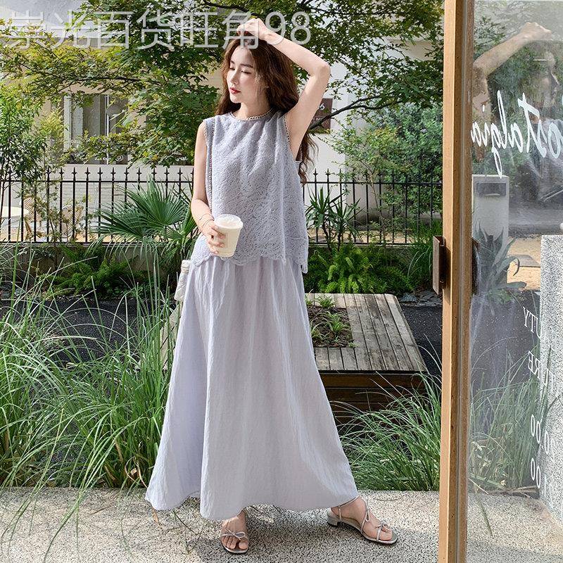 灰蓝色夏日漂亮小套装女2026新款蕾丝拼接背心半身裙温柔风两件套