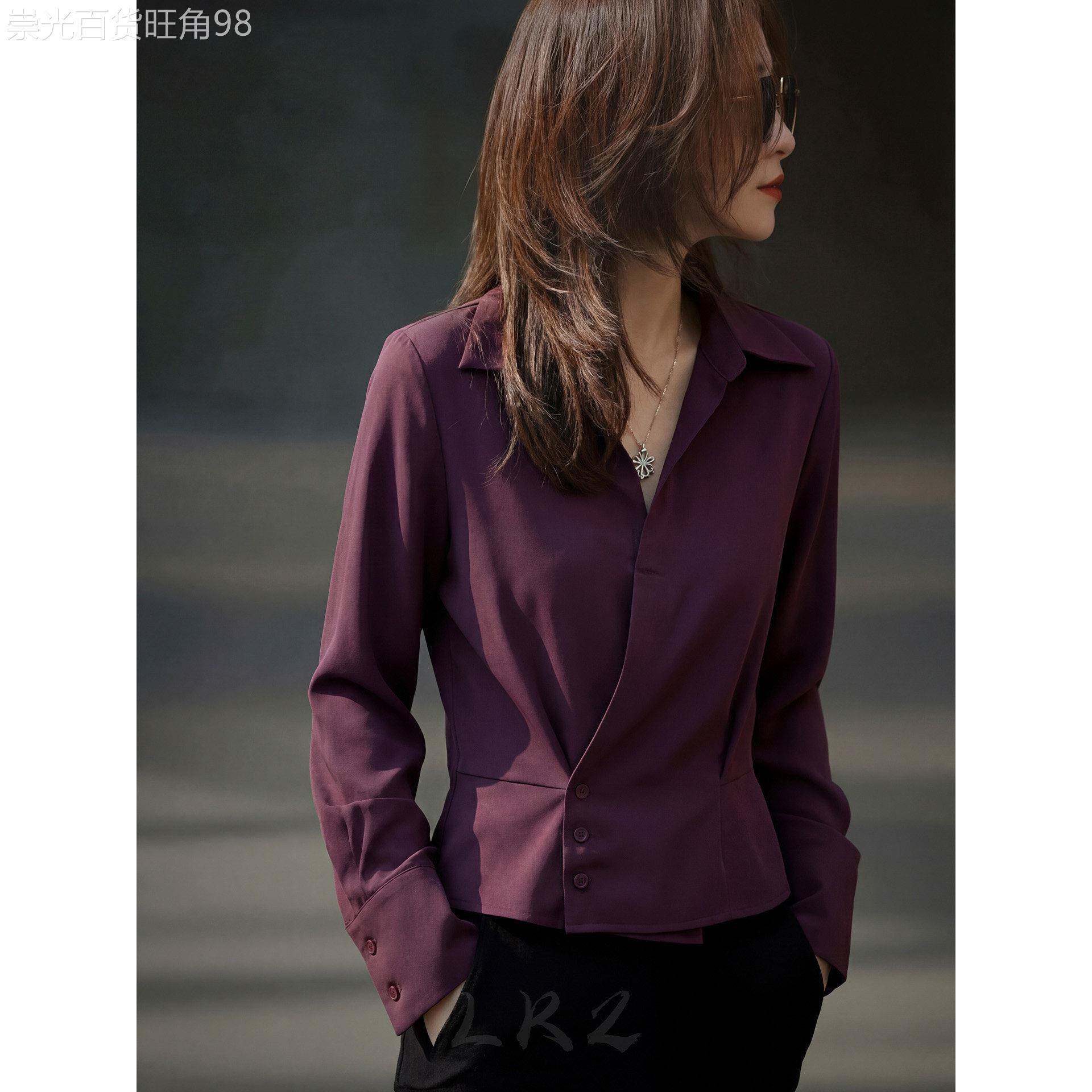 春季新款通勤风洋派深红色长袖翻领衬衫女气质显瘦百搭上衣时尚潮