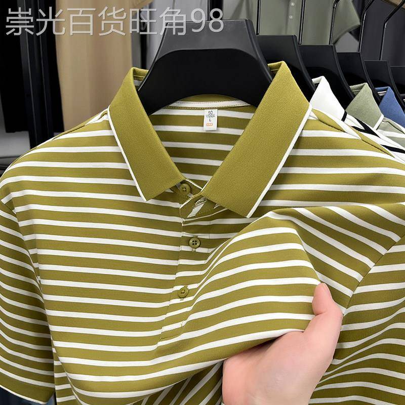 轻奢高端短袖t恤男中青年翻领条纹polo衫夏季凉感透气棉质上衣服