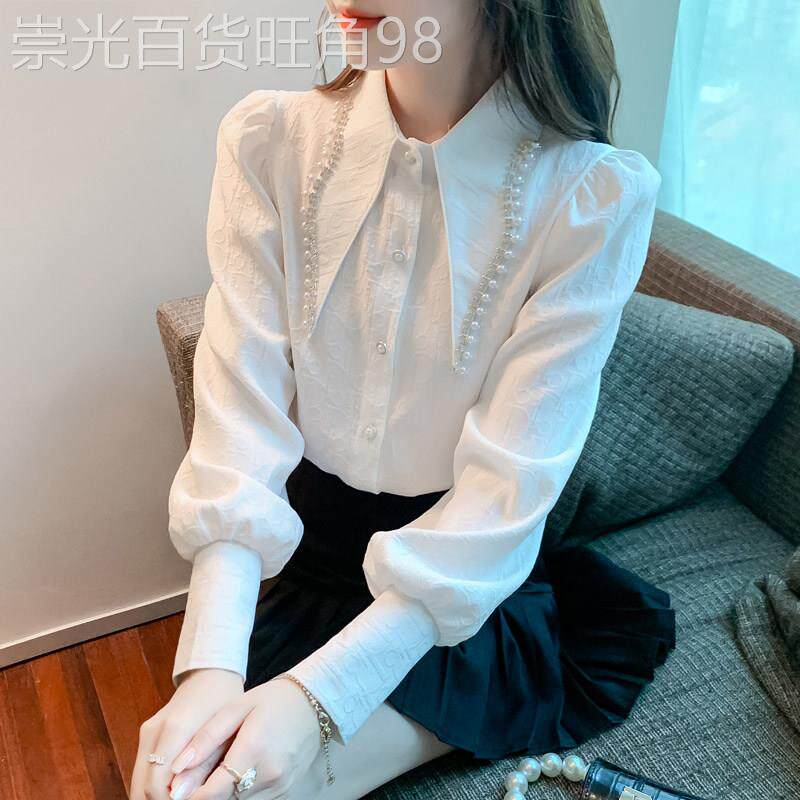 白色衬衫女士2025春秋新款设计感小众法式甜美钉珠气质洋气上衣潮