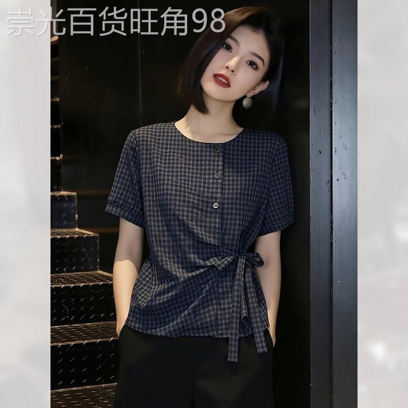 小众绝美格子蝴蝶结上衣女装夏季2026年新款独特别致短袖衬衫复古
