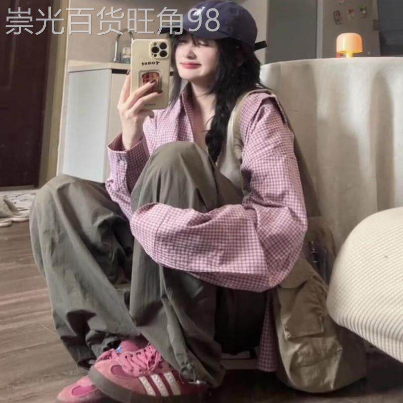 港风粉色格子衬衫女春秋2026新款宽松外穿设计感小众翻领上衣外套
