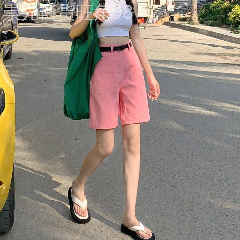 粉色牛仔短裤女ins潮夏季2026欧货高腰显瘦a字阔腿中裤宽松五分裤