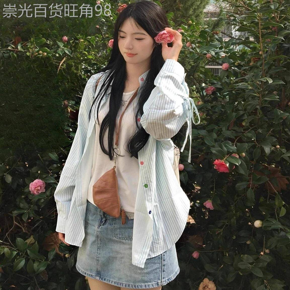 日系春秋季新款彩色纽扣系带条纹长袖防晒衬衫女薄款宽松衬衣外套