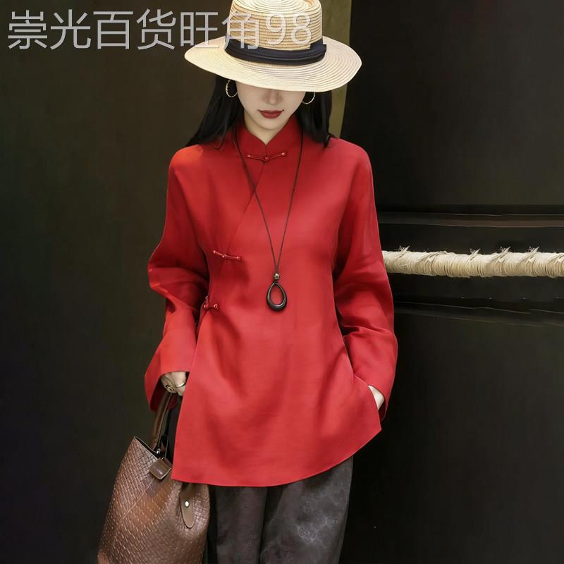 新中式风红色立领盘扣上衣女2026年春季新款长袖宽松垂感气质衬衫