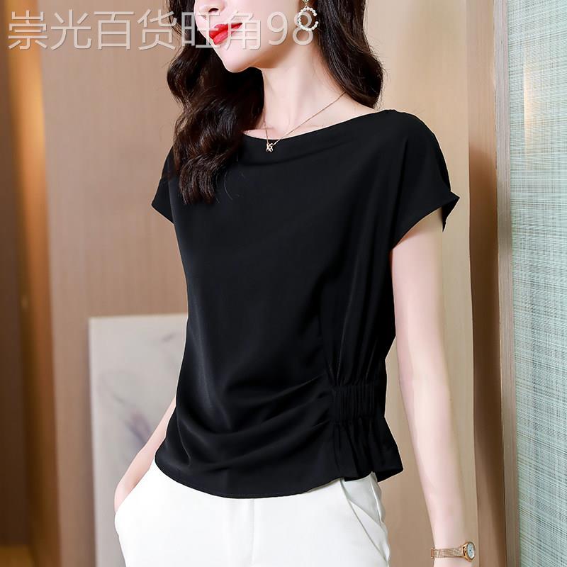 黑色雪纺衫女夏季短袖收腰显瘦气质遮肚短款小衫百搭宽松时尚上衣