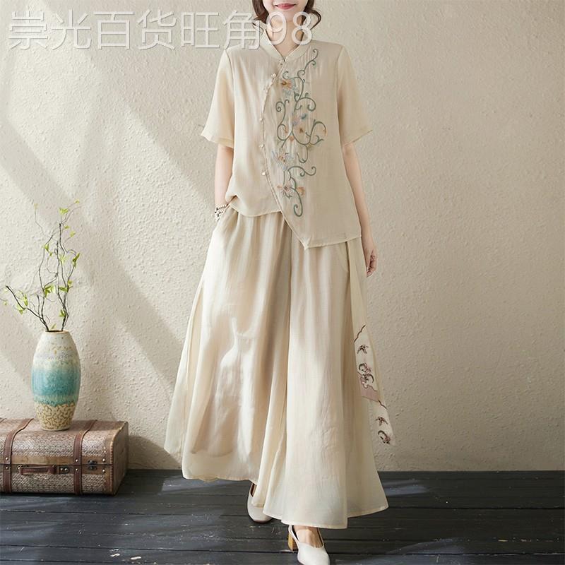 欧洲站民族风棉麻套装女2026新款夏季宽松飘逸亚麻阔腿裙裤两件套