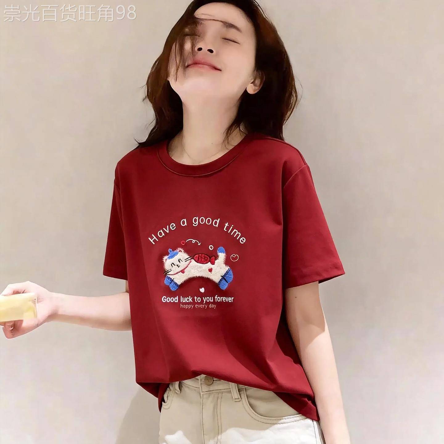 韩国高奢棉灰色刺绣小猫短袖T恤女夏新款宽松时尚潮流设计感上衣