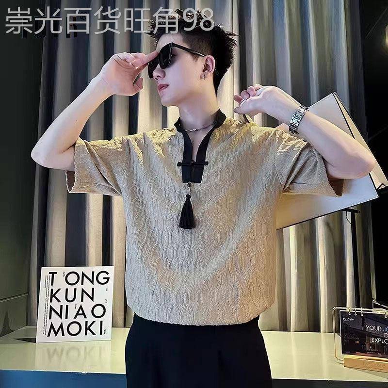 冰丝短袖衬衫男夏季新中式流苏休闲衬衣潮牌修身痞帅翻领半袖寸衫