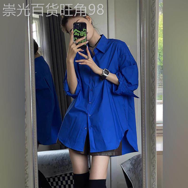 潮牌宽松克莱因蓝衬衫女春秋高级感港味休闲开衫外套通勤叠穿上衣